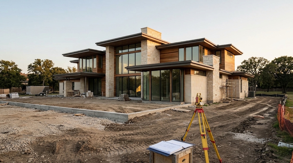 Framing and slab of a house under construction
