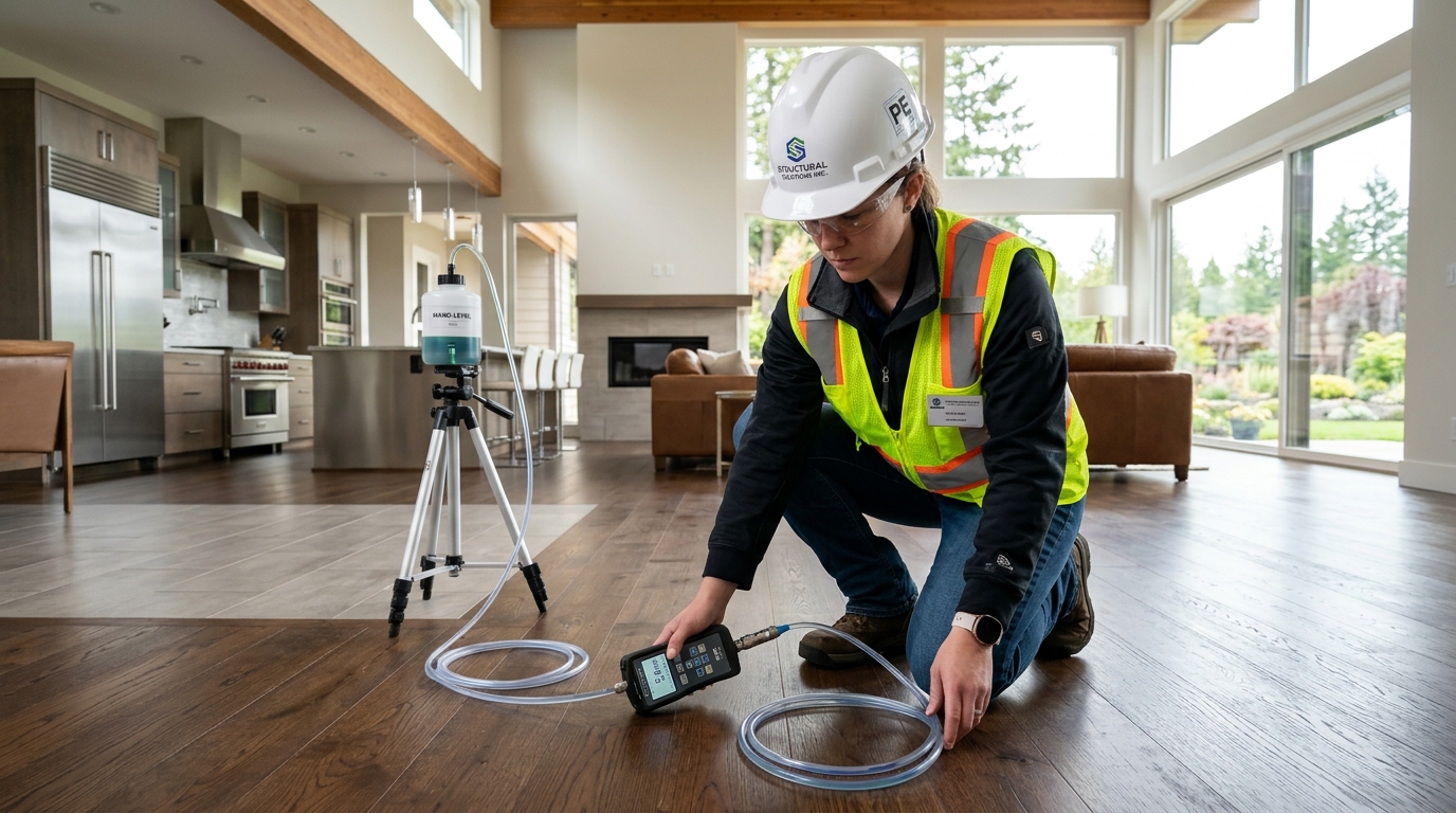 A digital manometer taking a floor elevation reading