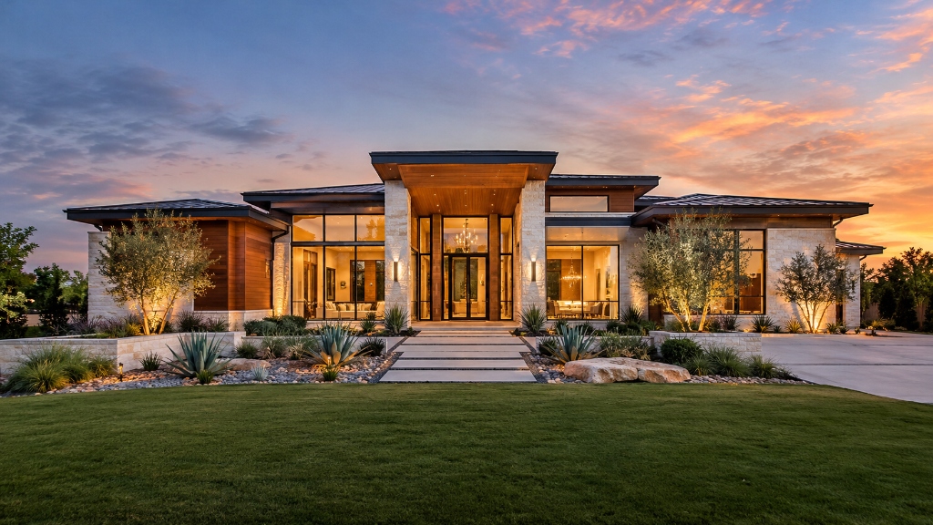 A modern single-family house and its front grade